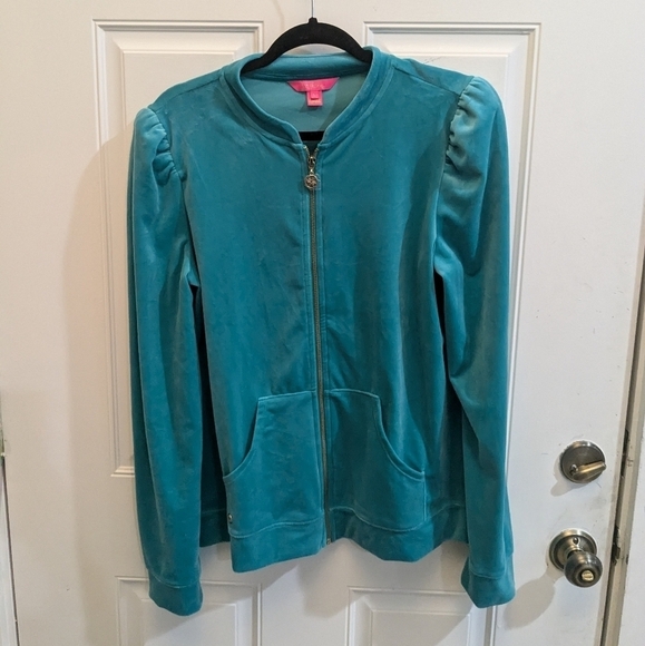 Lilly Pulitzer Teal Velour Jacket with Long Sleeves and Fitted Design - Picture 3 of 7